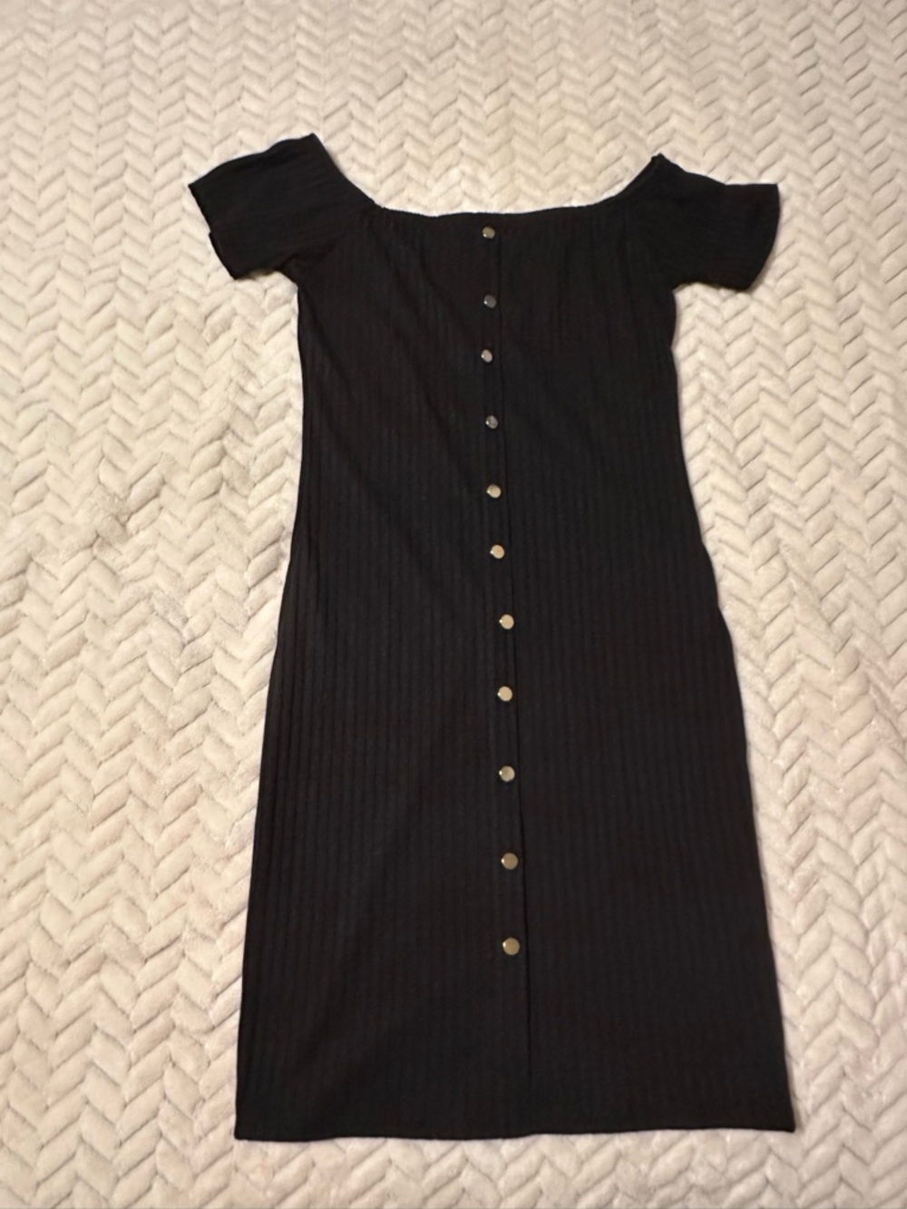 Say What? Black Off-Shoulder Dress with Front Buttons